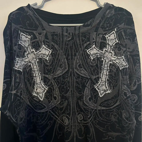 T Shirt Mens New Affliction Harajuku Y2K Hip Hop Water Washed Retro Round Neck Oversized T shirt long sleeve Gothic Couple Tops