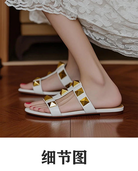 Women's flat sandals Gladiator summer 2025 luxury Brand Designer Rivets Open Toe slipper Leather Comfortable Ladies shoes Women