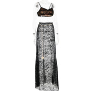 Fantoye Sexy See Through Lace Chain Women Skirt Suit White Spaghetti Strap Crop Top Print Floral Skirt Autumn New Two Piece Sets