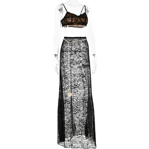 Fantoye Sexy See Through Lace Chain Women Skirt Suit White Spaghetti Strap Crop Top Print Floral Skirt Autumn New Two Piece Sets