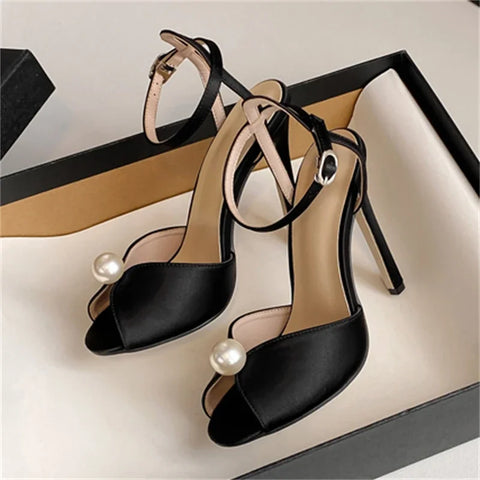 Aneikeh Satin Beaded Peep Toe Heels – Bridal Gladiator Sandals 2026