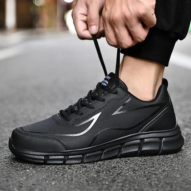 YRZL Black Running Shoes Leather Waterproof Athletic Sneakers Men Wear-resistant Men Walking Sport Shoes Comfortable Men Shoes
