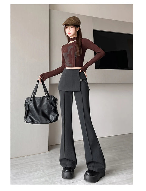 Gray Irregular High Waist Fake Two Pcs Flare Suit Pants Loose New Trousers Women Fashion Tide Spring Autumn 2025