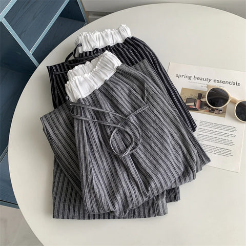 Contrasting Striped Wide Suit Pant 2025 High Waisted Loose Fit Slimming Straight Leg Mop Pants