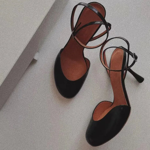 Black Classic Sandals Round Toe Shallow Stiletto Heels Ankle Straps Buckle Summer Fashion Elegant Office Lady Elegant Dress Pump