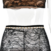 Fantoye Sexy See Through Lace Chain Women Skirt Suit White Spaghetti Strap Crop Top Print Floral Skirt Autumn New Two Piece Sets