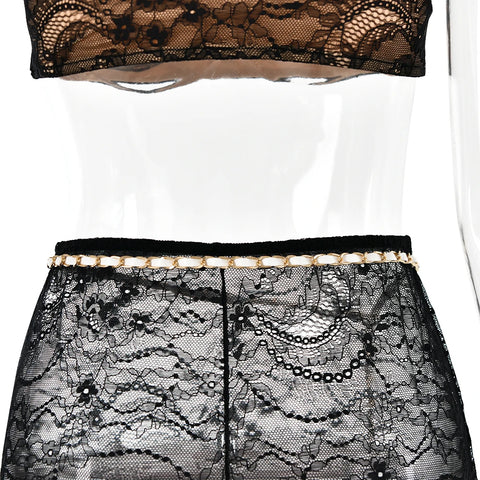 Fantoye Sexy See Through Lace Chain Women Skirt Suit White Spaghetti Strap Crop Top Print Floral Skirt Autumn New Two Piece Sets