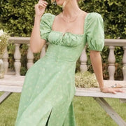 New Women Floral Dress Summer PuffSleeve Square Neck Tie Front High SplitDress Ruched Drawstring Chic DressesPrint Long