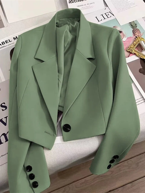 Korean Cropped Blazers Women Autumn Solid Color Simple Single-button Outwear Teens All-match Long Sleeve Office Lady Suit Jacket