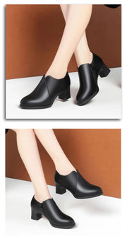 5.5cm Comfortable Deep Mouth Soft Leather Shoes Women's Pumps 2025 Spring Black Block Heels Shoes for Office Mom Dance Model