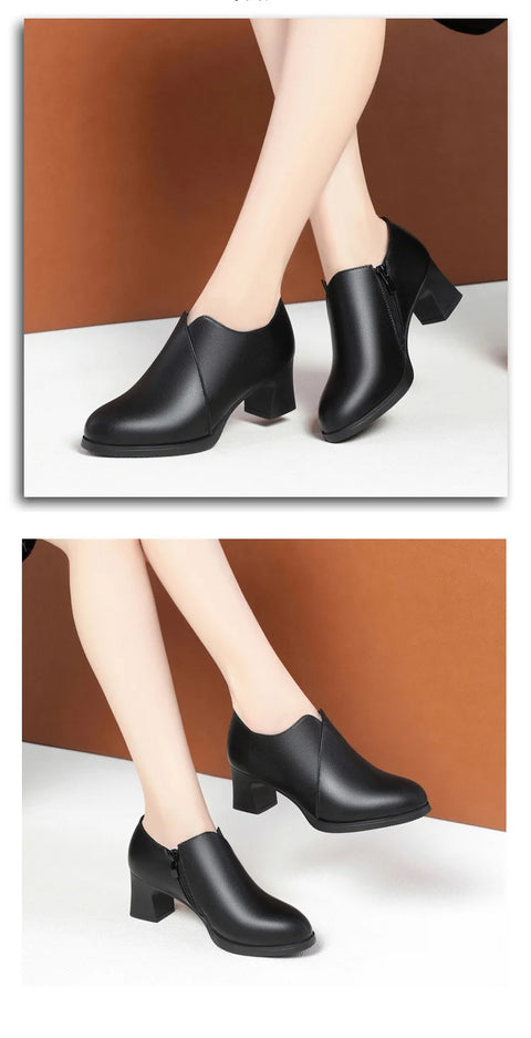 5.5cm Comfortable Deep Mouth Soft Leather Shoes Women's Pumps 2025 Spring Black Block Heels Shoes for Office Mom Dance Model