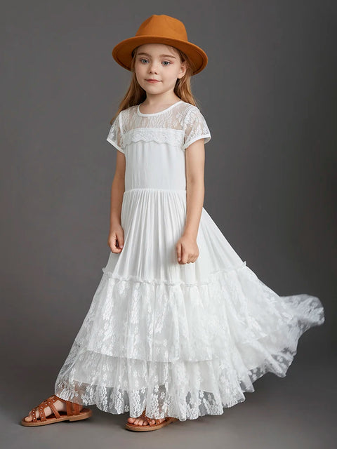 New 2024 Princess Girls Short Sleeve Lace Long Floor Dresses Baby Kids Flower Wedding Christmas Party Vestidos Children Clothing