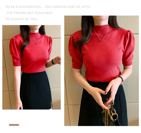 Short Sleeved Shirt Women's Summer Vest 2025 Spring Tank Knitwear Half Turtleneck Bottoming Sweater Thin Knit Shirt 18848