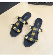 Women's flat sandals Gladiator summer 2025 luxury Brand Designer Rivets Open Toe slipper Leather Comfortable Ladies shoes Women