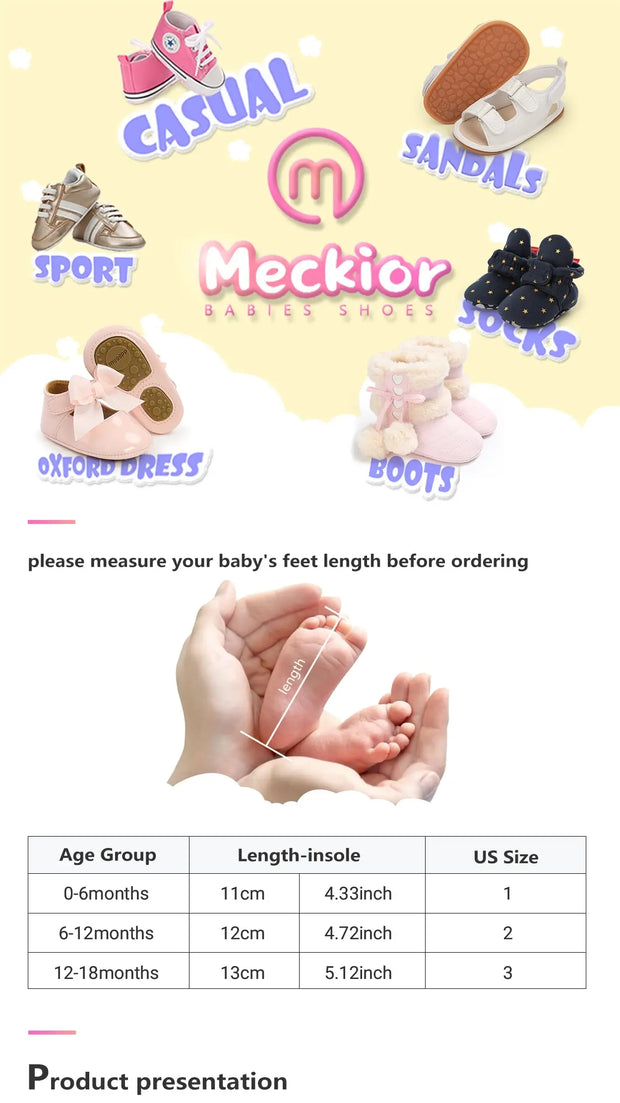 Meckior Spring Autumn Newborn Baby First Day Toddler Shoes Cute Bow Princess Shoes New Casual Shoes Anti-slip Waterproof Rubber