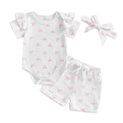 3pcs Newest Summer Toddler Infant Baby Girl Cotton Casual Outfits Set Bow Print Bodysuit+Shorts+Headband Cute Baby Clothes