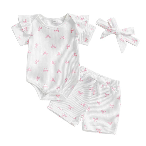 3pcs Newest Summer Toddler Infant Baby Girl Cotton Casual Outfits Set Bow Print Bodysuit+Shorts+Headband Cute Baby Clothes