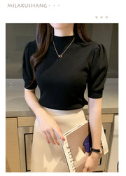 Short Sleeved Shirt Women's Summer Vest 2025 Spring Tank Knitwear Half Turtleneck Bottoming Sweater Thin Knit Shirt 18848