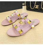 Women's flat sandals Gladiator summer 2025 luxury Brand Designer Rivets Open Toe slipper Leather Comfortable Ladies shoes Women
