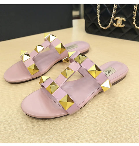 Women's flat sandals Gladiator summer 2025 luxury Brand Designer Rivets Open Toe slipper Leather Comfortable Ladies shoes Women