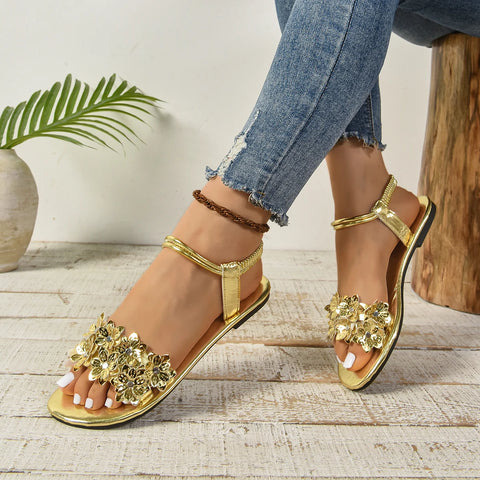 Fashion Women Sandals Summer New Style Gold Narrow Strap Ladies Flip Flops 2025outdoor Comfortable Walking Flat Shoes Large Size
