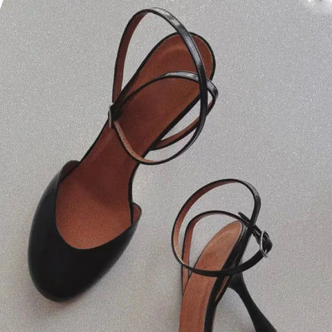 Black Classic Sandals Round Toe Shallow Stiletto Heels Ankle Straps Buckle Summer Fashion Elegant Office Lady Elegant Dress Pump