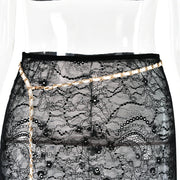 Fantoye Sexy See Through Lace Chain Women Skirt Suit White Spaghetti Strap Crop Top Print Floral Skirt Autumn New Two Piece Sets