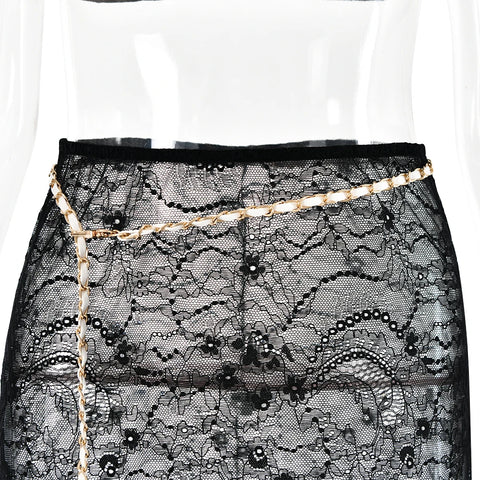 Fantoye Sexy See Through Lace Chain Women Skirt Suit White Spaghetti Strap Crop Top Print Floral Skirt Autumn New Two Piece Sets