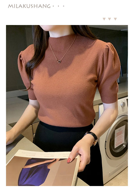 Short Sleeved Shirt Women's Summer Vest 2025 Spring Tank Knitwear Half Turtleneck Bottoming Sweater Thin Knit Shirt 18848