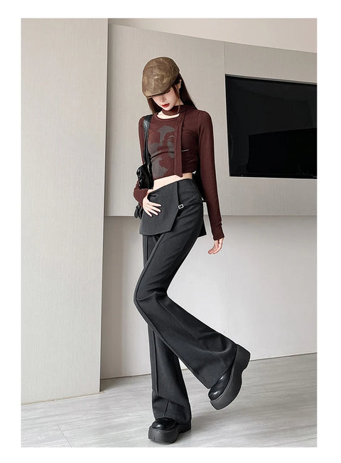 Gray Irregular High Waist Fake Two Pcs Flare Suit Pants Loose New Trousers Women Fashion Tide Spring Autumn 2025