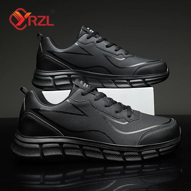 YRZL Black Running Shoes Leather Waterproof Athletic Sneakers Men Wear-resistant Men Walking Sport Shoes Comfortable Men Shoes