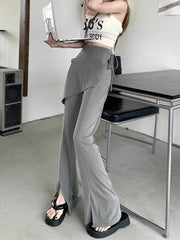 Solid Slit Full Length Flare Pants Women High Waist Elastic Fashion Korean Style Autumn Female All-match Simple Leisure Chic