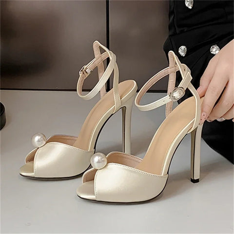 Aneikeh Satin Beaded Peep Toe Heels – Bridal Gladiator Sandals 2026
