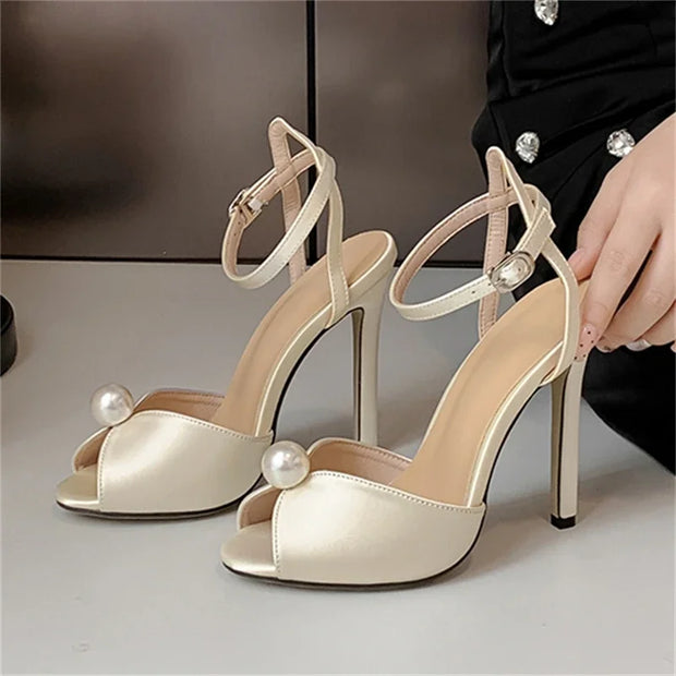 Aneikeh Satin Beaded Peep Toe Heels – Bridal Gladiator Sandals 2026