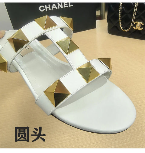 Women's flat sandals Gladiator summer 2025 luxury Brand Designer Rivets Open Toe slipper Leather Comfortable Ladies shoes Women