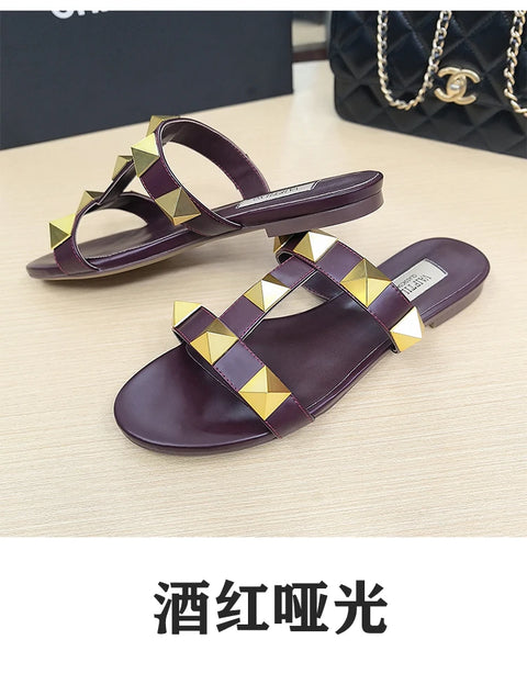 Women's flat sandals Gladiator summer 2025 luxury Brand Designer Rivets Open Toe slipper Leather Comfortable Ladies shoes Women