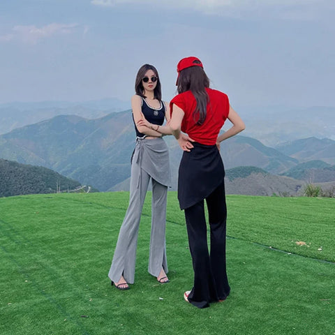 Solid Slit Full Length Flare Pants Women High Waist Elastic Fashion Korean Style Autumn Female All-match Simple Leisure Chic