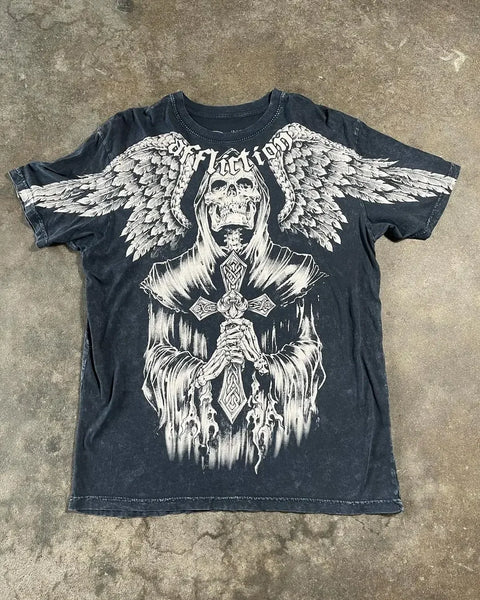 T Shirt Mens New Affliction Harajuku Y2K Hip Hop Water Washed Retro Round Neck Oversized T shirt long sleeve Gothic Couple Tops