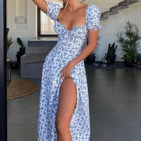 New Women Floral Dress Summer PuffSleeve Square Neck Tie Front High SplitDress Ruched Drawstring Chic DressesPrint Long