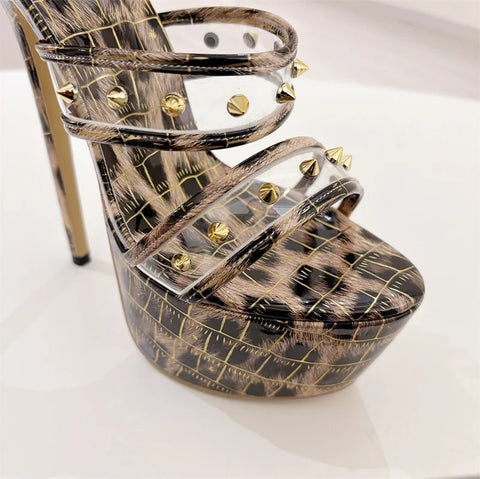 Liyke Fashion Design Metal Rivets PVC Women Zip Cover Strap Sandals Sexy Leopard Print Platform High Heels Banquet Party Shoes