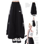 2025 Summer High Street Striped Print Black Mid Long Skirts Women's Casual High Waist Street Elastic Waist Grunge A-Line Skirt