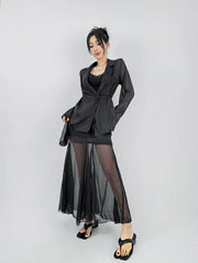 Spring Elegant Blazer Collar Women Shirts Korean Chic Lace Up Long Sleeve Female Tops Fashion Office Lady Black Sunscreen Blouse