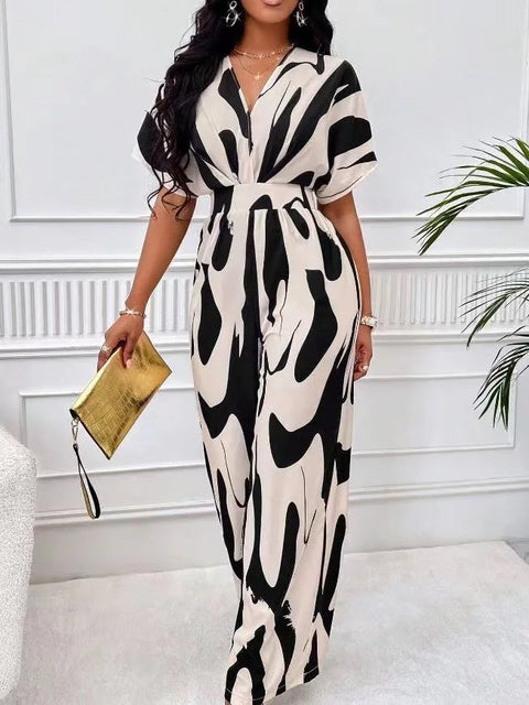 Women Fashion Jumpsuit Short Sleeved High Waist Sexy V-neck Print Wide Leg Long Pants Jumpsuits Summer New Casual Women Clothes