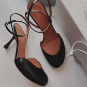 Black Classic Sandals Round Toe Shallow Stiletto Heels Ankle Straps Buckle Summer Fashion Elegant Office Lady Elegant Dress Pump