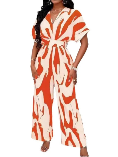 Women Fashion Jumpsuit Short Sleeved High Waist Sexy V-neck Print Wide Leg Long Pants Jumpsuits Summer New Casual Women Clothes