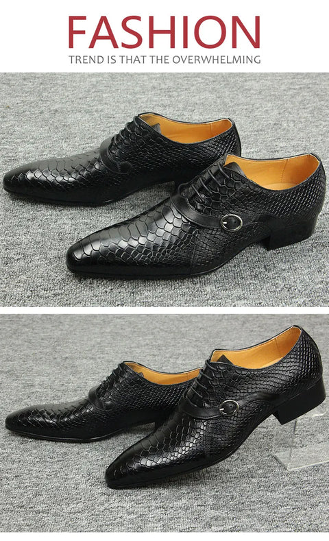 Men Dress Shoes Formal Oxfords Serpentine&Metal Buckle Decorate Wedding Wear Elegant Casual Leather  Zapatos De Hombre Best Gift