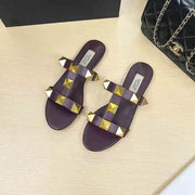 Women's flat sandals Gladiator summer 2025 luxury Brand Designer Rivets Open Toe slipper Leather Comfortable Ladies shoes Women