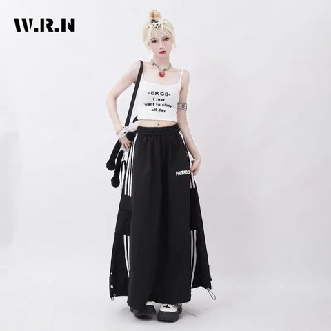 2025 Summer High Street Striped Print Black Mid Long Skirts Women's Casual High Waist Street Elastic Waist Grunge A-Line Skirt