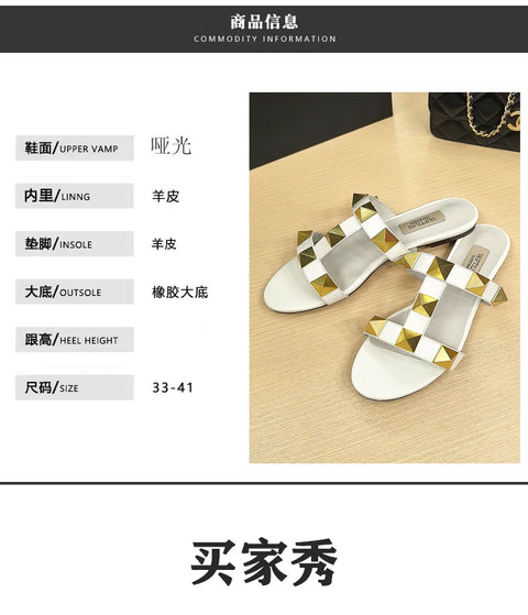 Women's flat sandals Gladiator summer 2025 luxury Brand Designer Rivets Open Toe slipper Leather Comfortable Ladies shoes Women