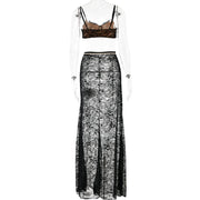 Fantoye Sexy See Through Lace Chain Women Skirt Suit White Spaghetti Strap Crop Top Print Floral Skirt Autumn New Two Piece Sets